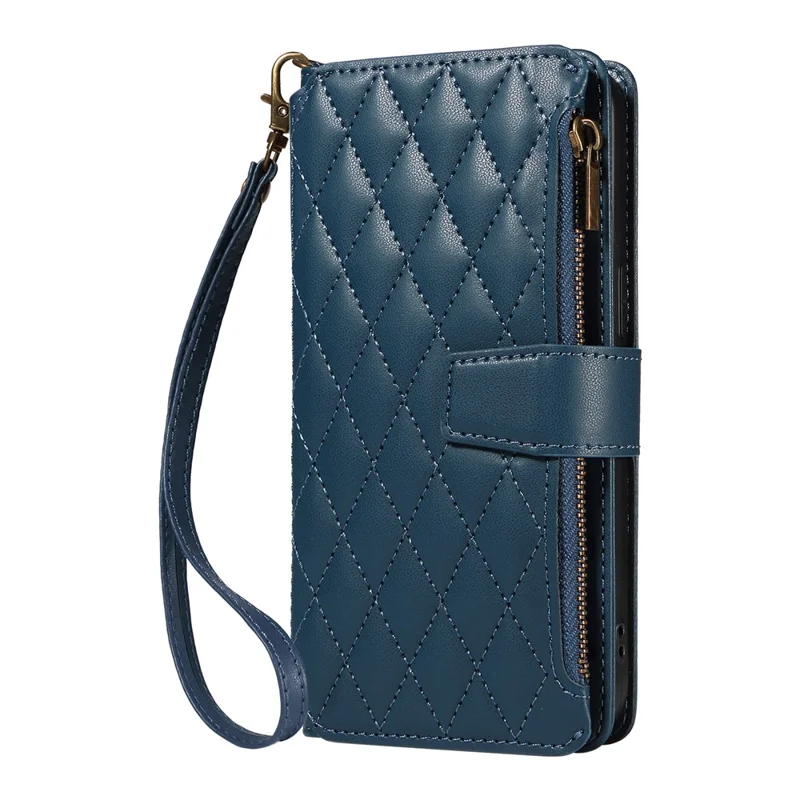 For iPhone 14 Pro Max Leather Case with Card Holder, RFID Blocking Wallet Phone Cover Rhombus Pattern - Blue