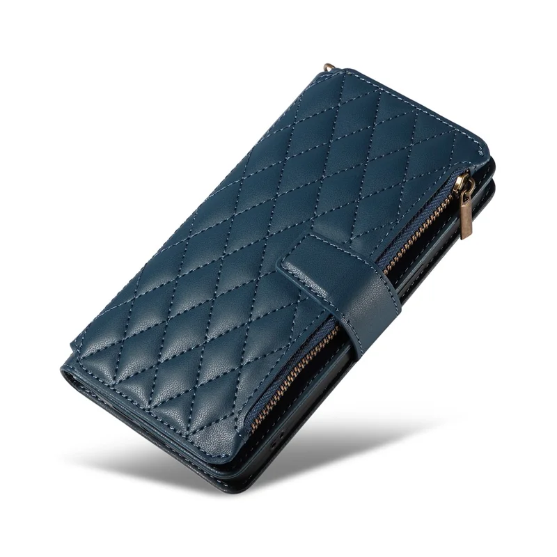 For iPhone 14 Pro Max Leather Case with Card Holder, RFID Blocking Wallet Phone Cover Rhombus Pattern - Blue