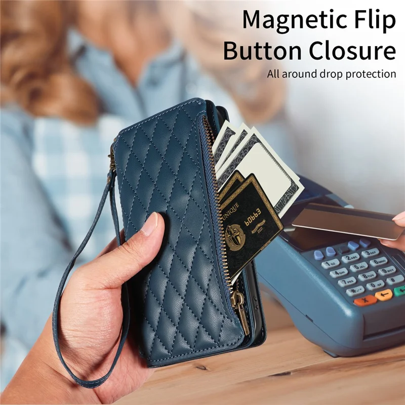 For iPhone 14 Pro Max Leather Case with Card Holder, RFID Blocking Wallet Phone Cover Rhombus Pattern - Blue