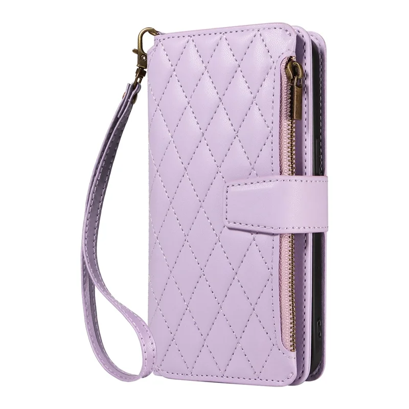 For iPhone 14 Pro Max Leather Case with Card Holder, RFID Blocking Wallet Phone Cover Rhombus Pattern - Purple