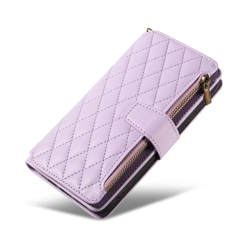For iPhone 14 Pro Max Leather Case with Card Holder, RFID Blocking Wallet Phone Cover Rhombus Pattern - Purple