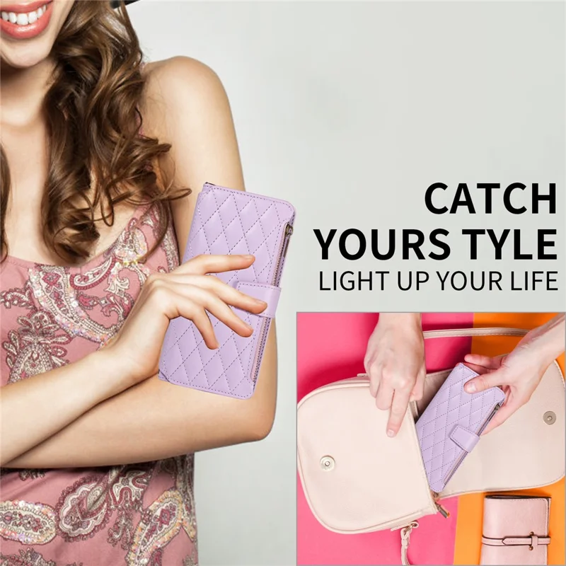 For iPhone 14 Pro Max Leather Case with Card Holder, RFID Blocking Wallet Phone Cover Rhombus Pattern - Purple