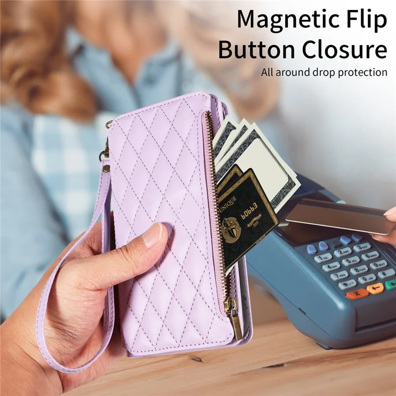 For iPhone 14 Pro Max Leather Case with Card Holder, RFID Blocking Wallet Phone Cover Rhombus Pattern - Purple
