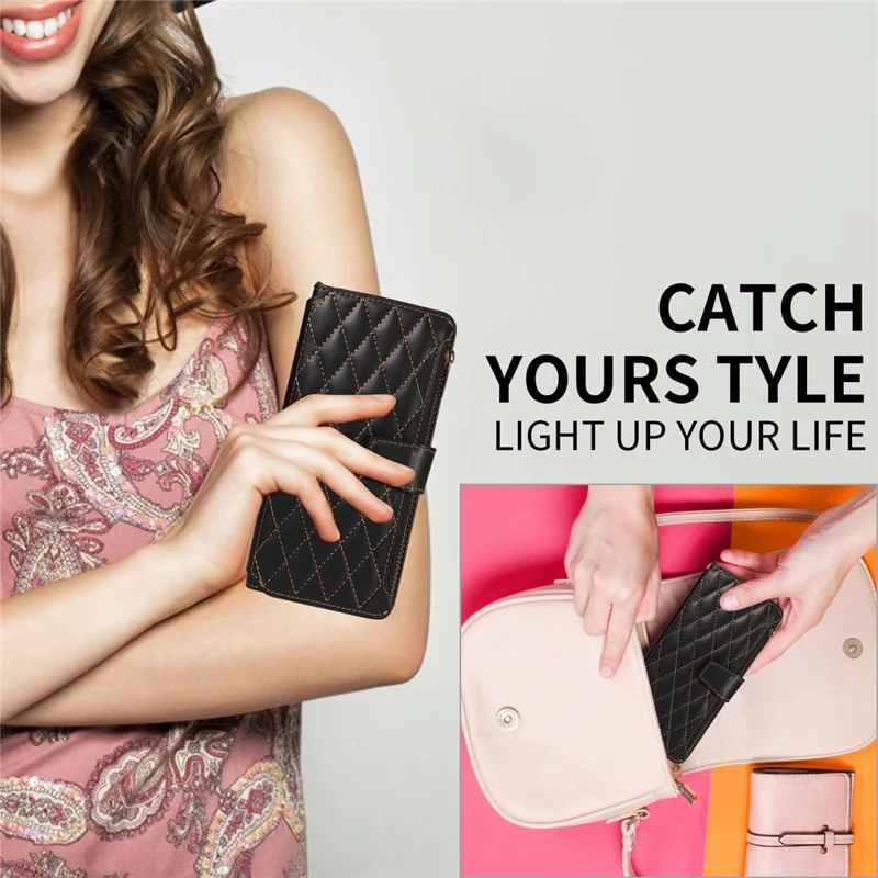 For iPhone 14 Pro Leather Case with Card Holder, RFID Blocking Wallet Phone Cover Rhombus Pattern - Black