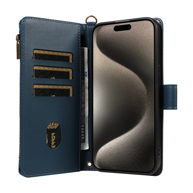 For iPhone 14 Pro Leather Case with Card Holder, RFID Blocking Wallet Phone Cover Rhombus Pattern - Blue