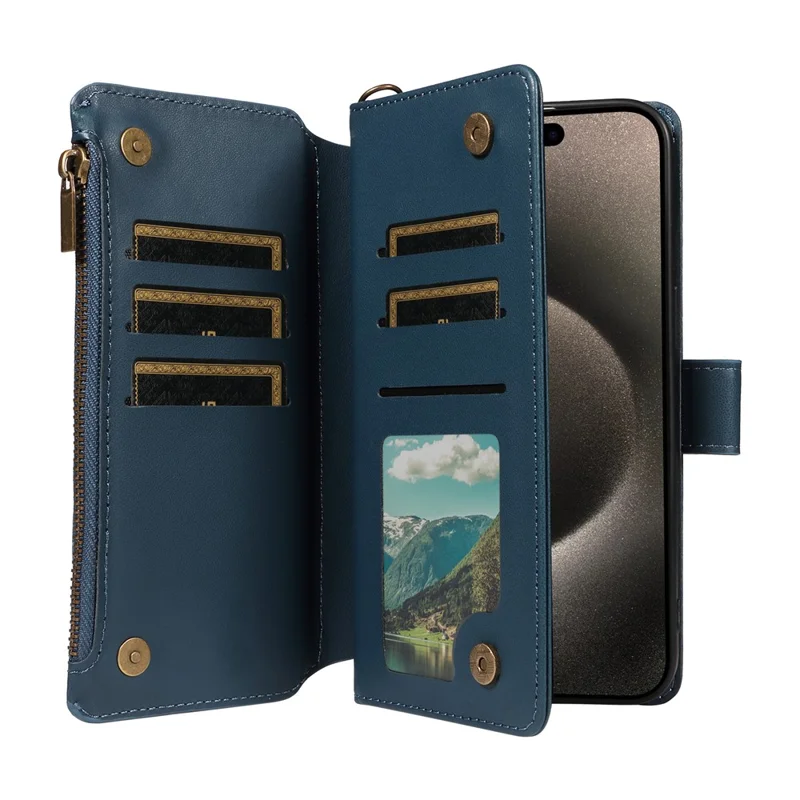 For iPhone 14 Pro Leather Case with Card Holder, RFID Blocking Wallet Phone Cover Rhombus Pattern - Blue