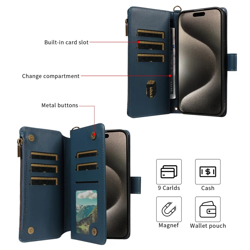 For iPhone 14 Pro Leather Case with Card Holder, RFID Blocking Wallet Phone Cover Rhombus Pattern - Blue