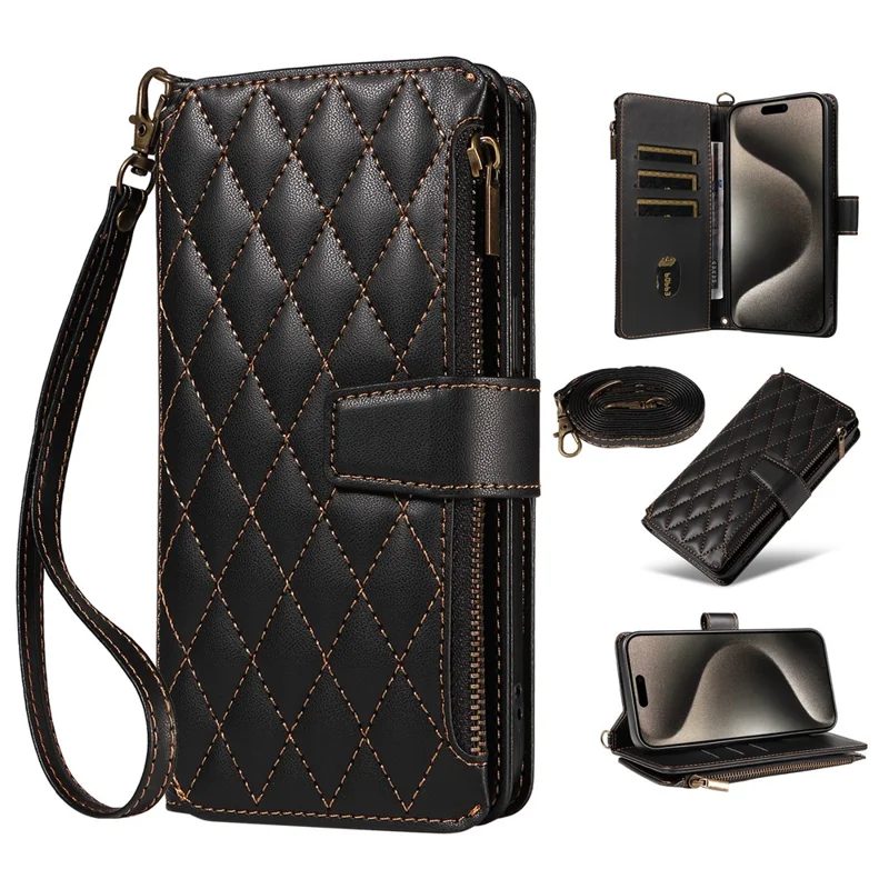For iPhone 16 Pro Max Leather Case with Card Holder, Straps, RFID Blocking Wallet Phone Cover Rhombus Pattern - Black