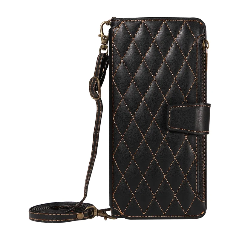 For iPhone 16 Pro Max Leather Case with Card Holder, Straps, RFID Blocking Wallet Phone Cover Rhombus Pattern - Black