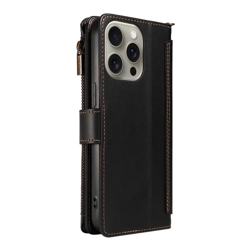For iPhone 16 Pro Max Leather Case with Card Holder, Straps, RFID Blocking Wallet Phone Cover Rhombus Pattern - Black