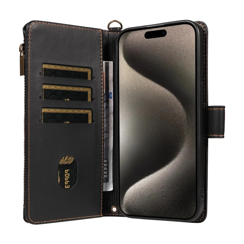 For iPhone 16 Pro Max Leather Case with Card Holder, Straps, RFID Blocking Wallet Phone Cover Rhombus Pattern - Black
