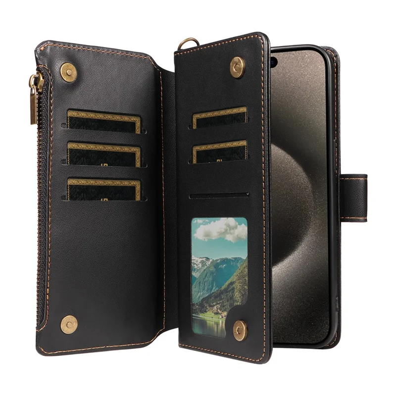 For iPhone 16 Pro Max Leather Case with Card Holder, Straps, RFID Blocking Wallet Phone Cover Rhombus Pattern - Black