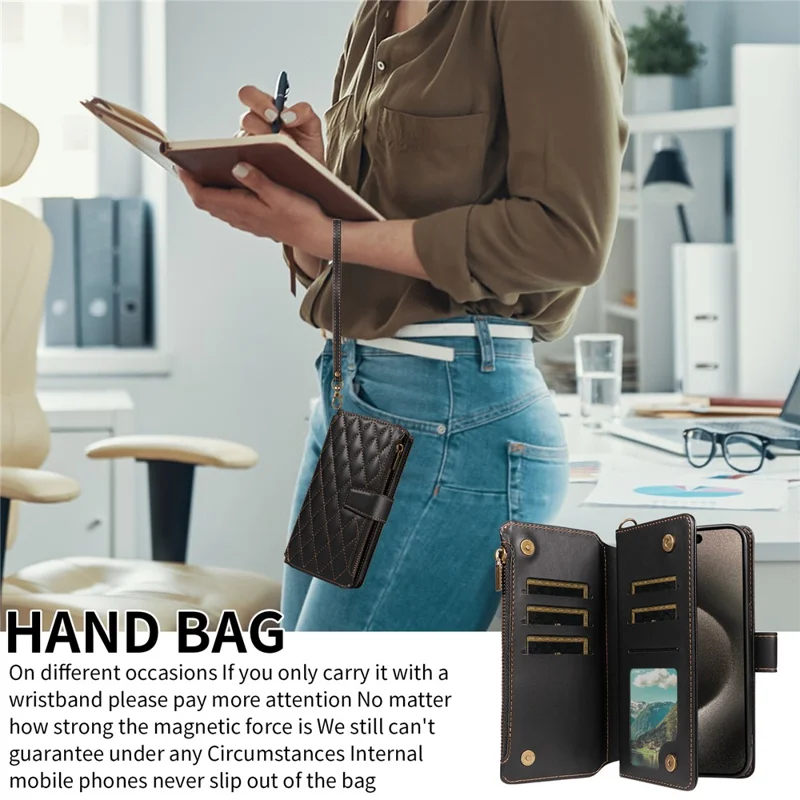 For iPhone 16 Pro Max Leather Case with Card Holder, Straps, RFID Blocking Wallet Phone Cover Rhombus Pattern - Black