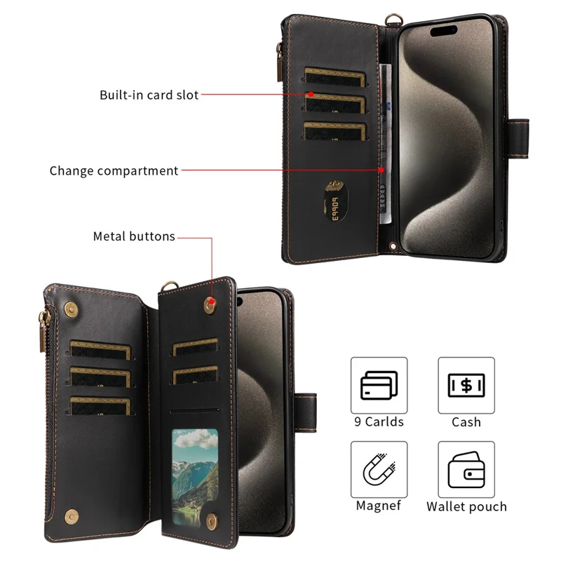 For iPhone 16 Pro Max Leather Case with Card Holder, Straps, RFID Blocking Wallet Phone Cover Rhombus Pattern - Black