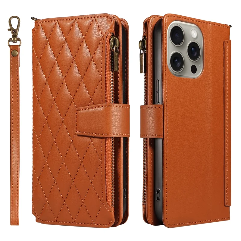 For iPhone 16 Pro Max Leather Case with Card Holder, Straps, RFID Blocking Wallet Phone Cover Rhombus Pattern - Yellow
