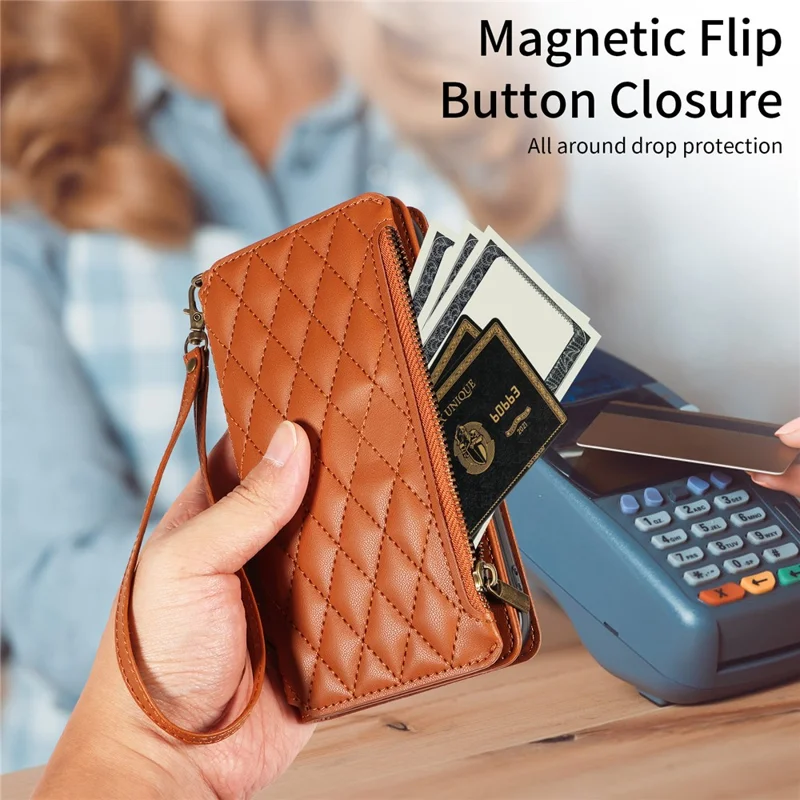 For iPhone 16 Pro Max Leather Case with Card Holder, Straps, RFID Blocking Wallet Phone Cover Rhombus Pattern - Yellow