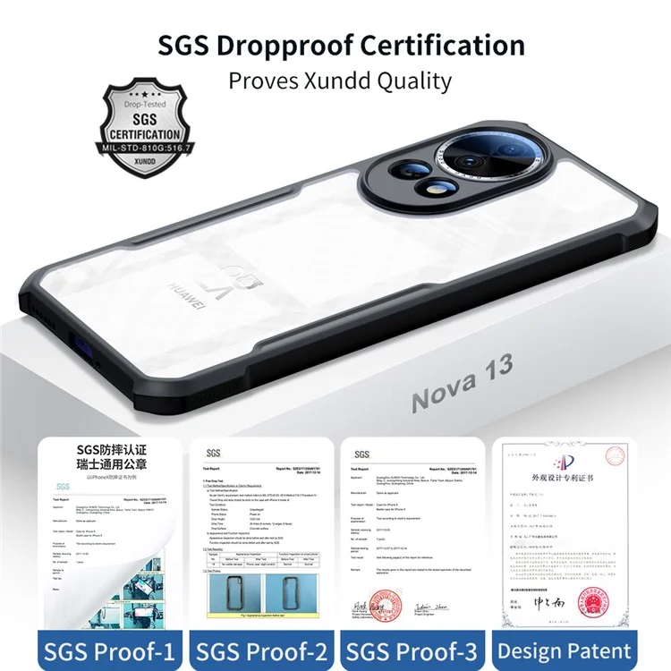 Capa XUNDD para Huawei nova 13, à prova de choques, TPU + acrílico, capa traseira transparente para telefone
