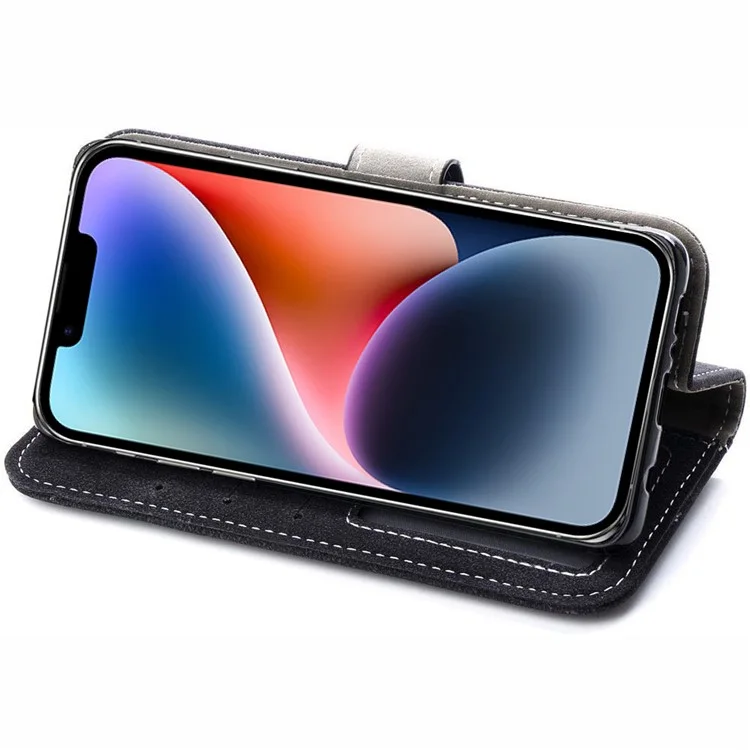 Retro PU Кожаный Телефон Для Iphone 14 Plus, Устойчивая к Царапинам Крышка Телефонного Телефона с Вращающимися Слотами Для Карты Держатель Подставка - Черный
