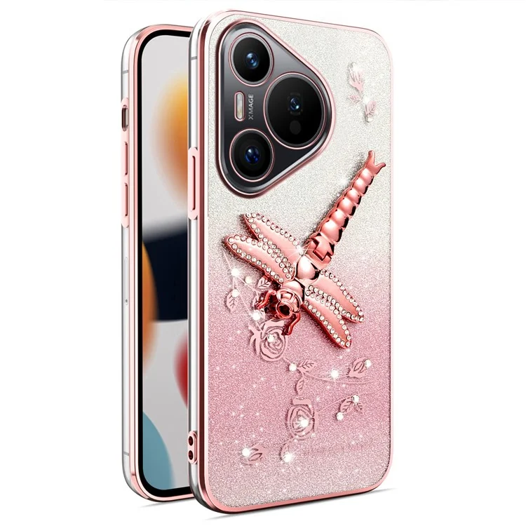 KADEM For Huawei Pura 70 Case Dragonfly Kickstand TPU Flowers Glitter Phone Cover - Pink