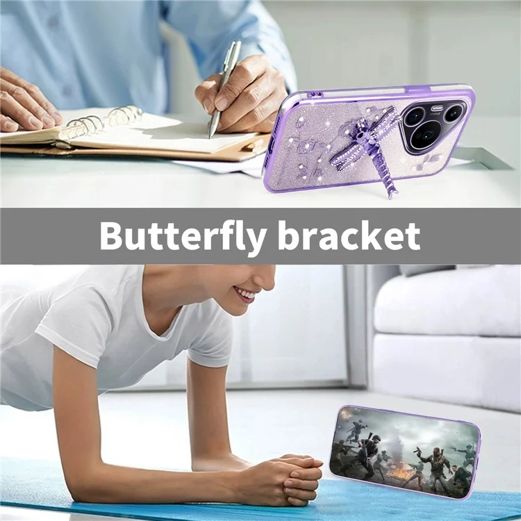 KADEM Hülle für Huawei Pura 70 Pro / Pura 70 Pro+ Dragonfly Ständer TPU Blumen Glitzer Handyhülle - Pink
