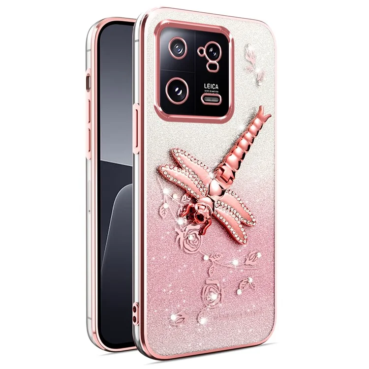 Custodia per Xiaomi 13 KADEM con drago volante, supporto, fiori TPU glitterati - Rosa