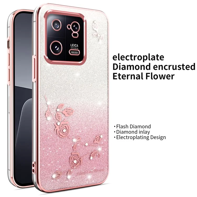 Custodia per Xiaomi 13 KADEM con drago volante, supporto, fiori TPU glitterati - Rosa