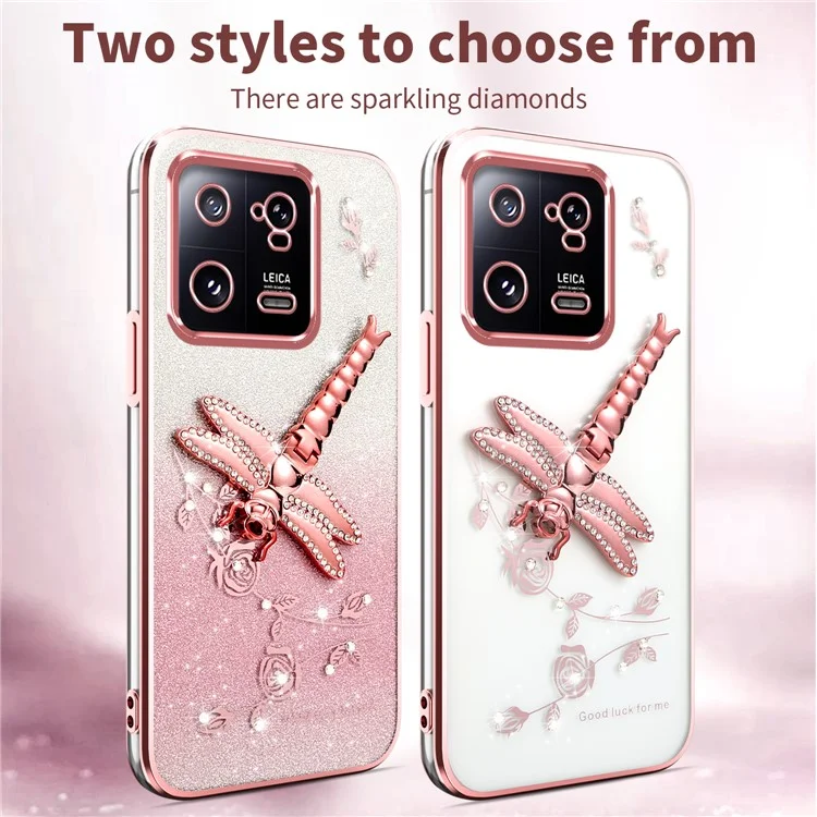 Custodia per Xiaomi 13 KADEM con drago volante, supporto, fiori TPU glitterati - Rosa