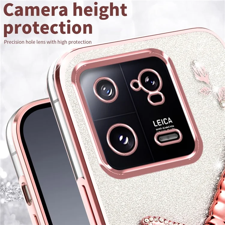 Custodia per Xiaomi 13 KADEM con drago volante, supporto, fiori TPU glitterati - Rosa