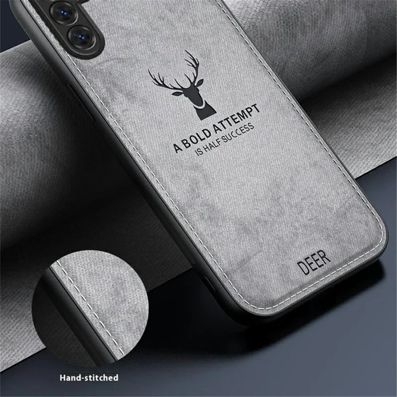 For Samsung Galaxy A16 4G / 5G Case Deer Pattern Cloth Texture PU Leather Hybrid Phone Cover - Grey