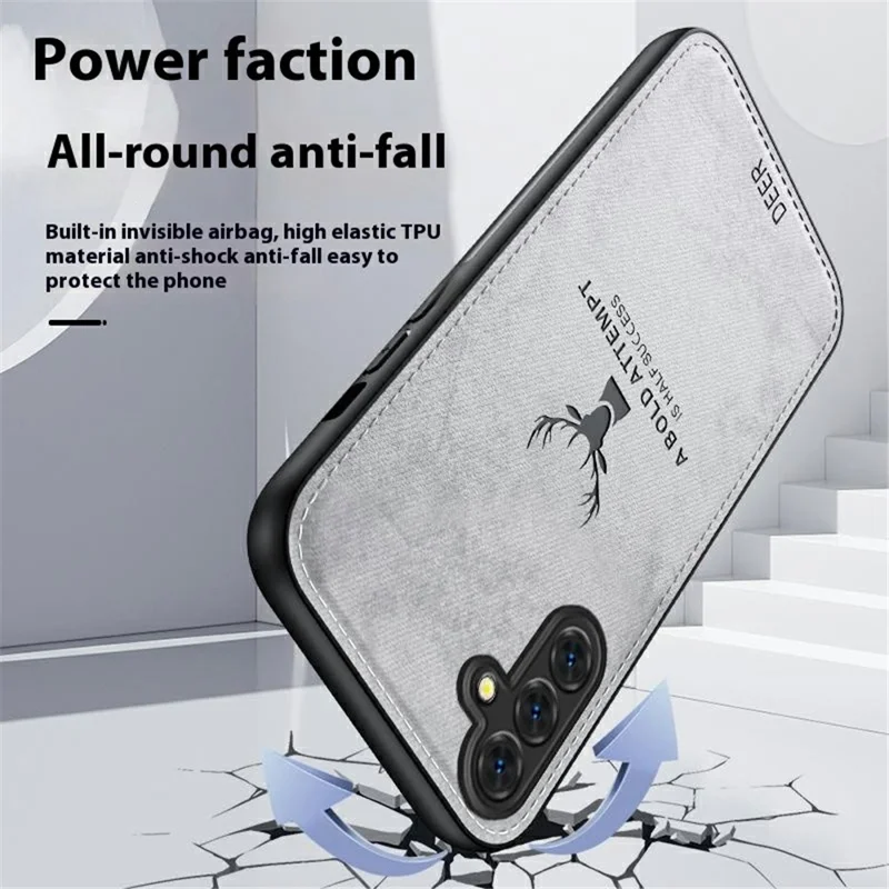For Samsung Galaxy A16 4G / 5G Case Deer Pattern Cloth Texture PU Leather Hybrid Phone Cover - Grey