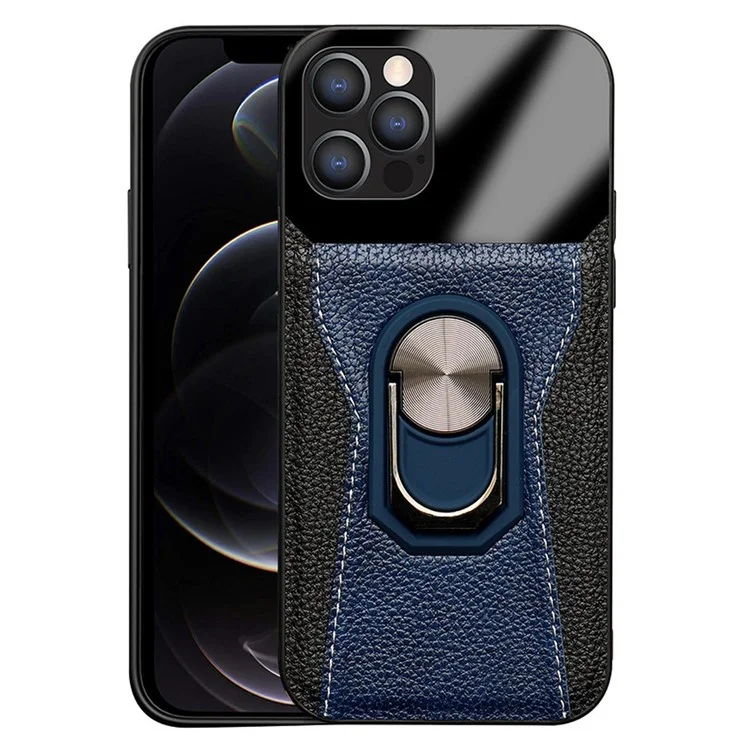 Litchi Texture Phone Case for iPhone 12 Pro / 12 6.1 inch, Bi-color PU Leather+Hard PC+TPU Kickstand Phone Cover Phone Shell - Blue