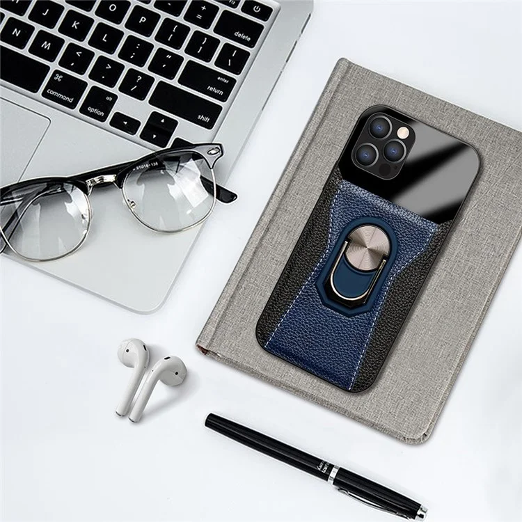 Litchi Texture Phone Case for iPhone 12 Pro / 12 6.1 inch, Bi-color PU Leather+Hard PC+TPU Kickstand Phone Cover Phone Shell - Blue