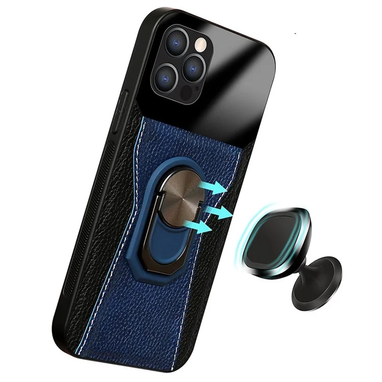 Litchi Texture Phone Case for iPhone 12 Pro / 12 6.1 inch, Bi-color PU Leather+Hard PC+TPU Kickstand Phone Cover Phone Shell - Blue