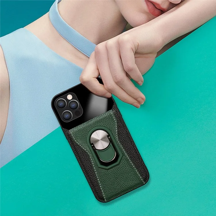 Litchi Texture Phone Case for iPhone 12 Pro / 12 6.1 inch, Bi-color PU Leather+Hard PC+TPU Kickstand Phone Cover Phone Shell - Blue