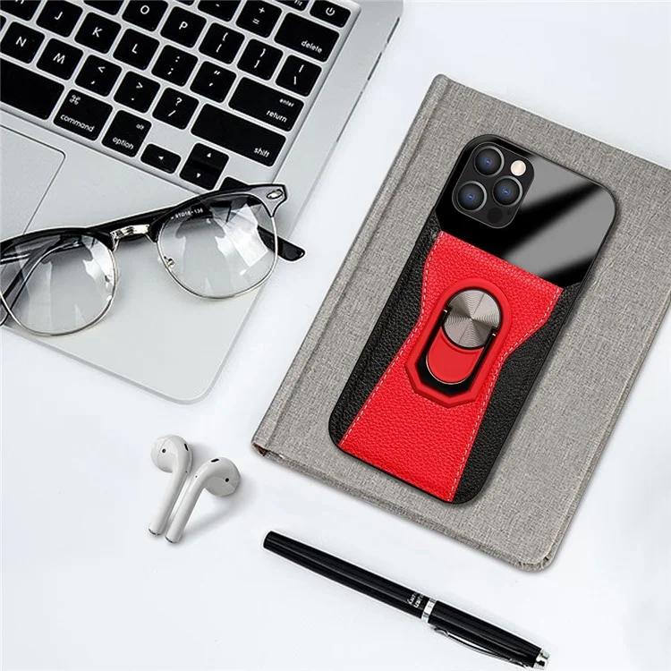 Custodia Per Telefono Litchi Texture Per Iphone 12 Pro / 12 6,1 Pollici, in Pelle PU Bi-color+pc Hard+tpu Kickstand Cover Telefon Shell - Rosso