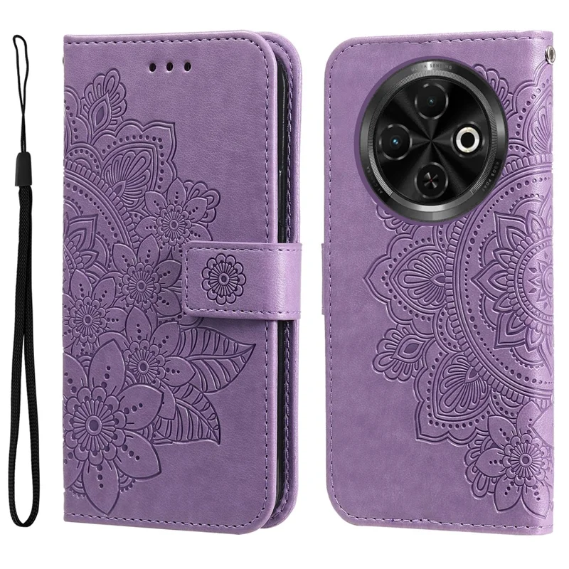 Für TECNO Spark 30C 4G-Hülle, Leder-Geldbörse, Blumen-Telefonhülle, Ständer, Sichtansicht - Lila