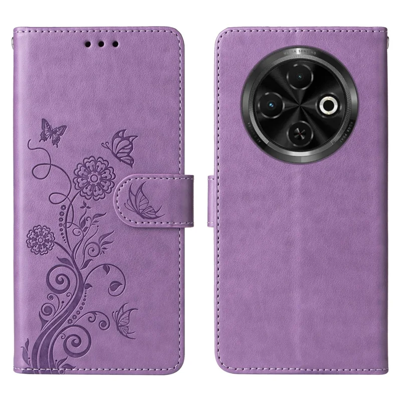 Étui en cuir pour TECNO Spark 30C 4G, motif floral papillon, avec support - Violet