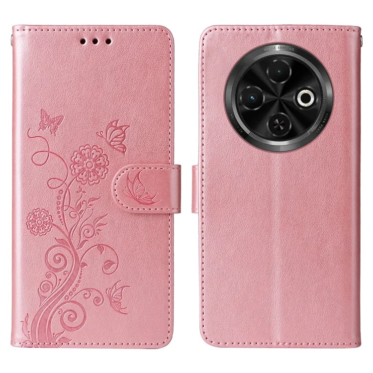 For TECNO Spark 30C 4G Leather Case Butterfly Floral Imprint Wallet Stand Cover - Pink