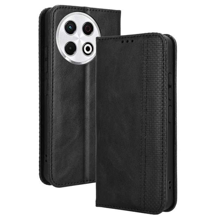 Für TECNO Spark 30 Pro 4G KL7 Ledertasche, Brieftasche, Ständer, Retro-Textur, Handyhülle - Schwarz