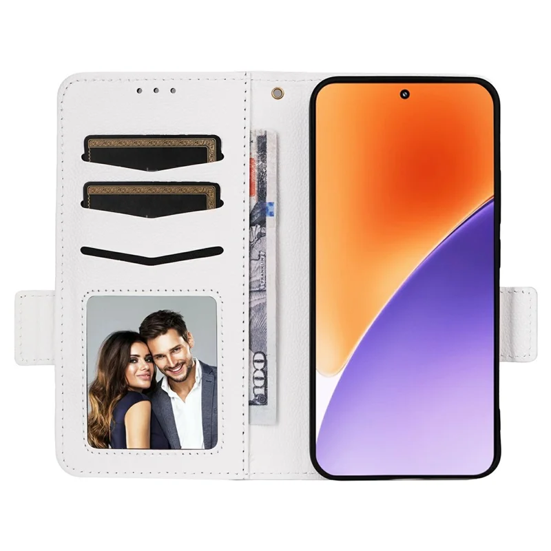 غطاء لهاتف شاومي 15 برو مع حزام معصم، بتصميم قشرة ليتشي من جلد البولي يوريثان الاصطناعي، غطاء محفظة - أبيض