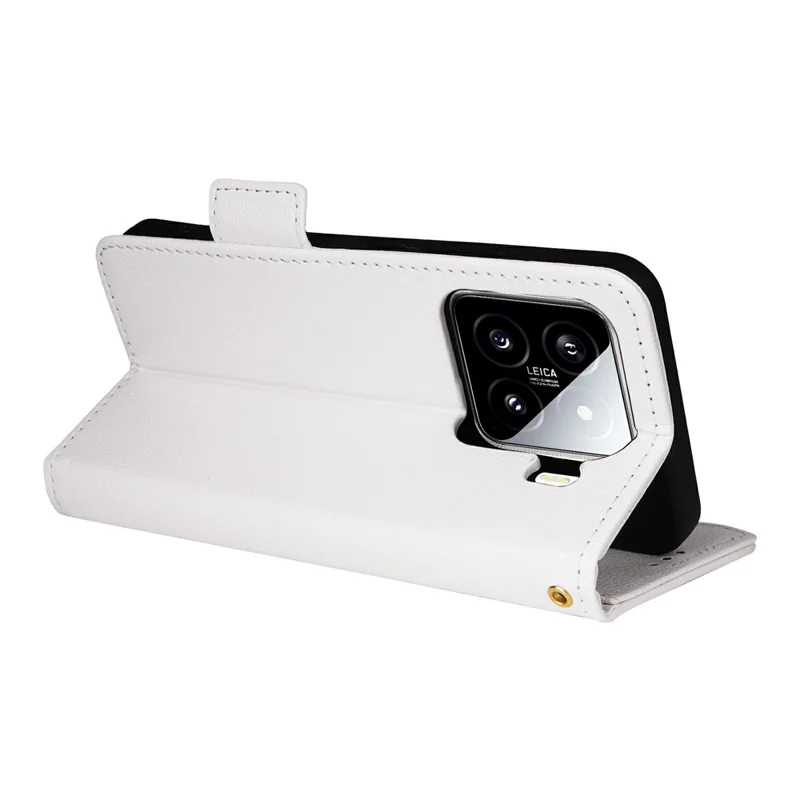 غطاء لهاتف شاومي 15 برو مع حزام معصم، بتصميم قشرة ليتشي من جلد البولي يوريثان الاصطناعي، غطاء محفظة - أبيض