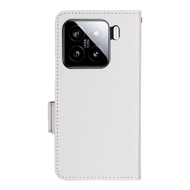 غطاء لهاتف شاومي 15 برو مع حزام معصم، بتصميم قشرة ليتشي من جلد البولي يوريثان الاصطناعي، غطاء محفظة - أبيض