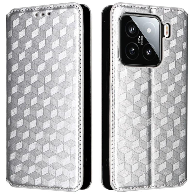 For Xiaomi 15 Pro Wallet Case Rhombus Imprinted Leather Phone Cover - Silver