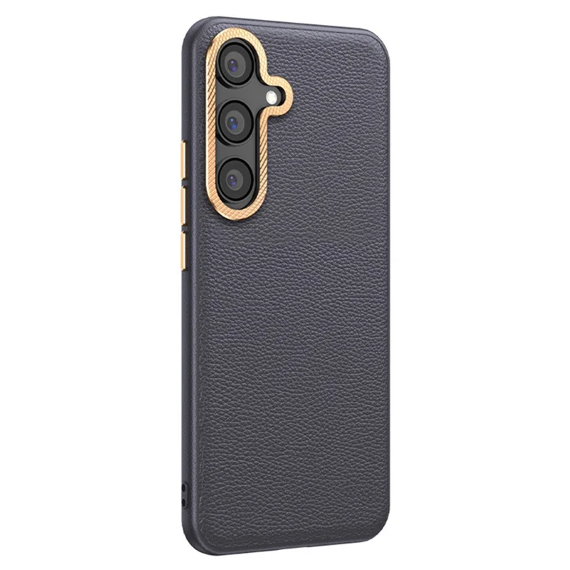 For Samsung Galaxy S25 Phone Case Leather+TPU Back Cover with Metal Lens Frame - Grey