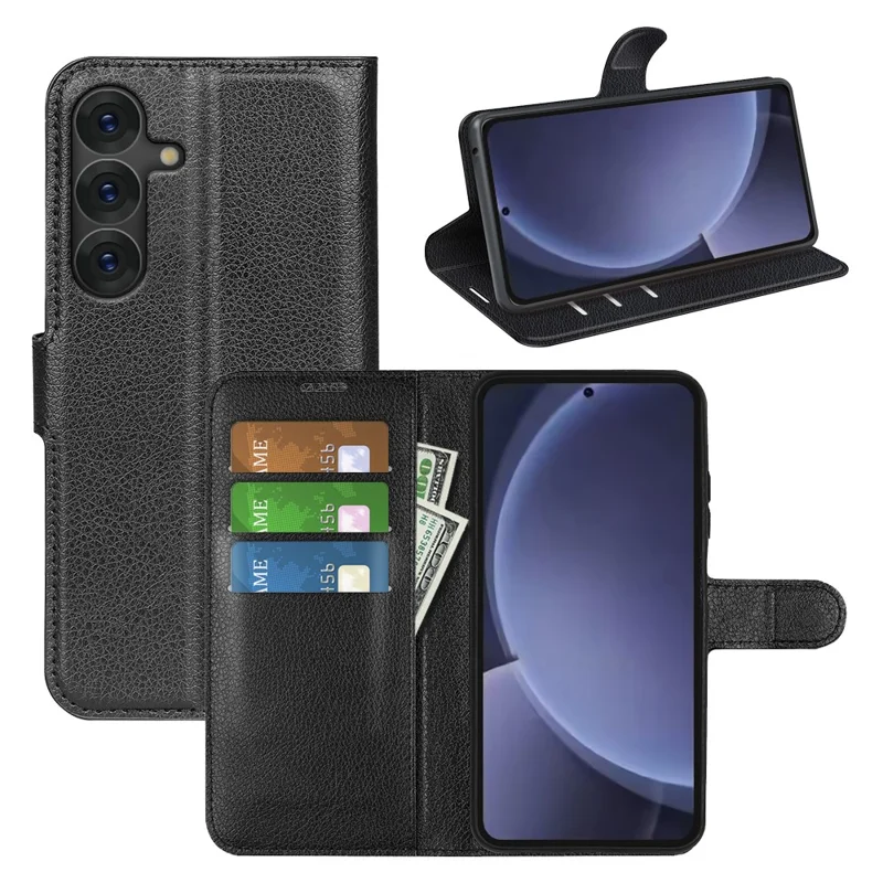 For Samsung Galaxy S25+ Case Litchi Texture Shockproof Leather Wallet Phone Cover - Black