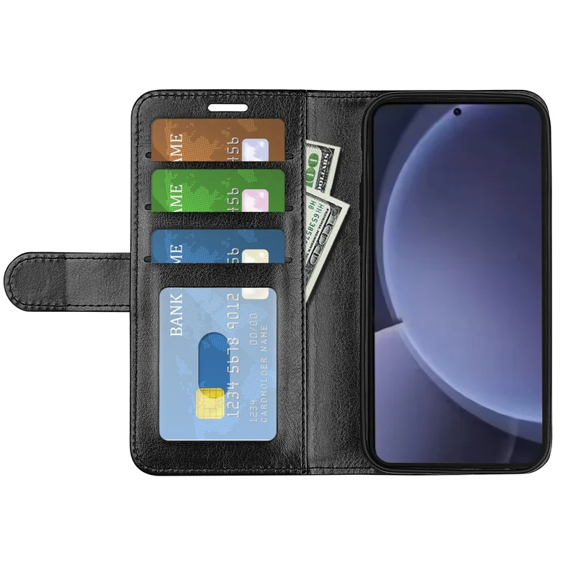 For Samsung Galaxy S25+ Wallet Case Crazy Horse Texture Stand Leather Phone Cover - Black