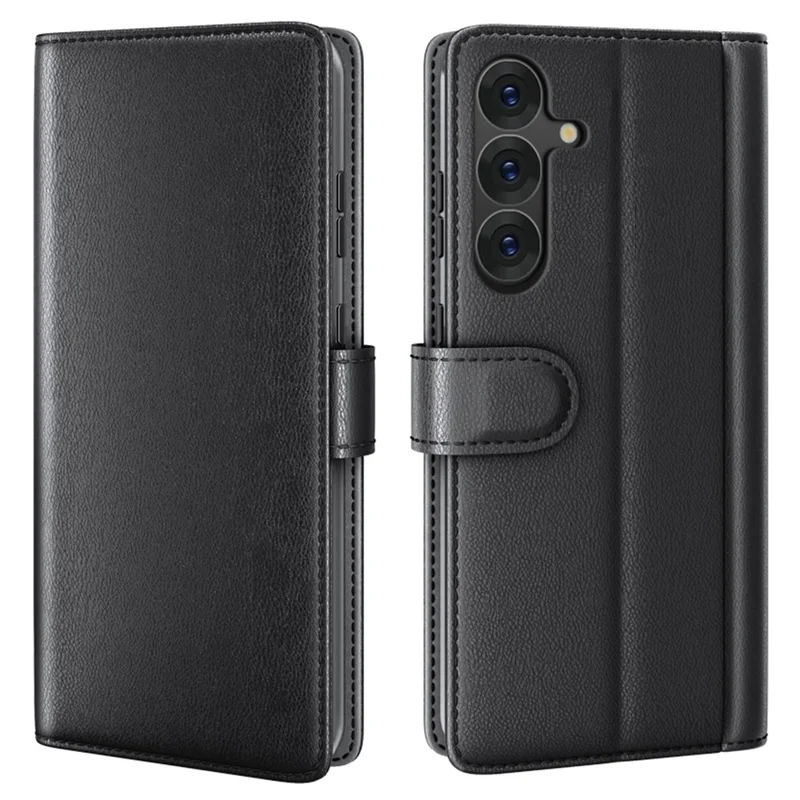 Für Samsung Galaxy S25+ Hülle Echtes gespaltenes Leder Handyhülle Brieftasche Kartensteckplatz - Schwarz
