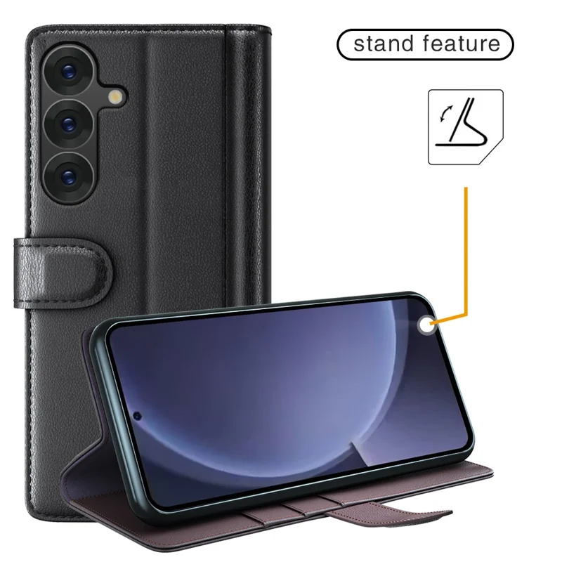 Für Samsung Galaxy S25+ Hülle Echtes gespaltenes Leder Handyhülle Brieftasche Kartensteckplatz - Schwarz