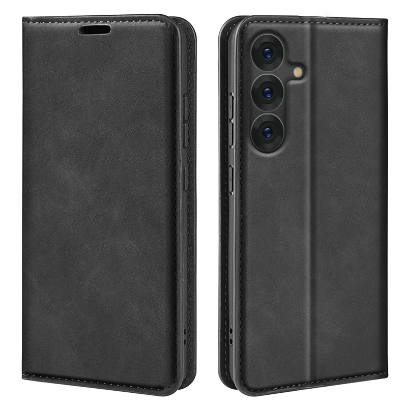 For Samsung Galaxy S25 Case Skin-Touch Leather Wallet Phone Cover - Black