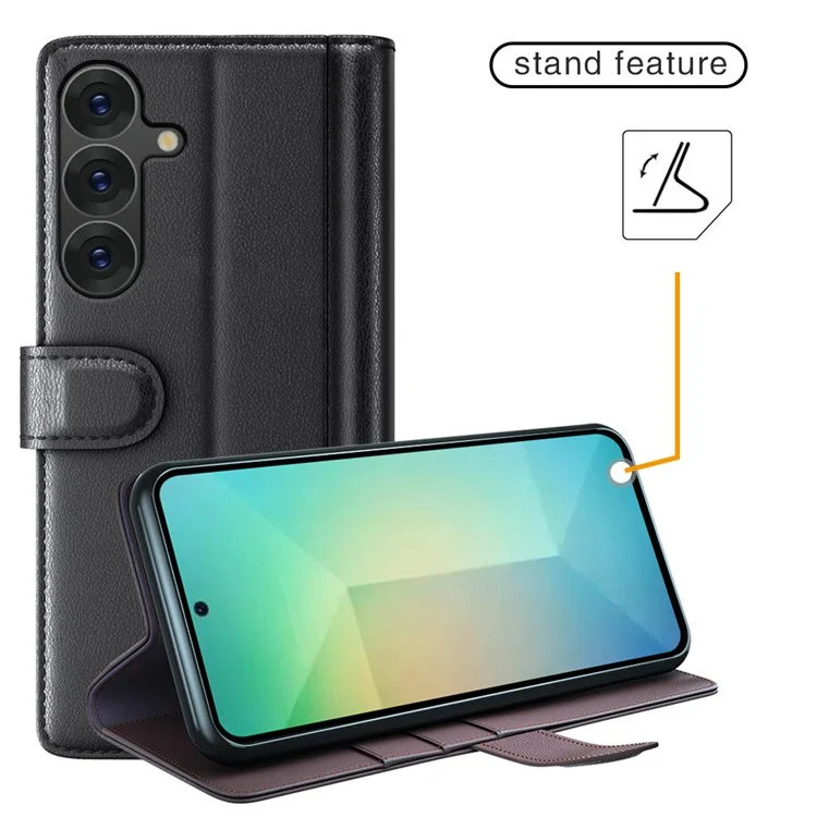For Samsung Galaxy S25 Case Genuine Split Leather Phone Cover with Wallet Stand - Black
